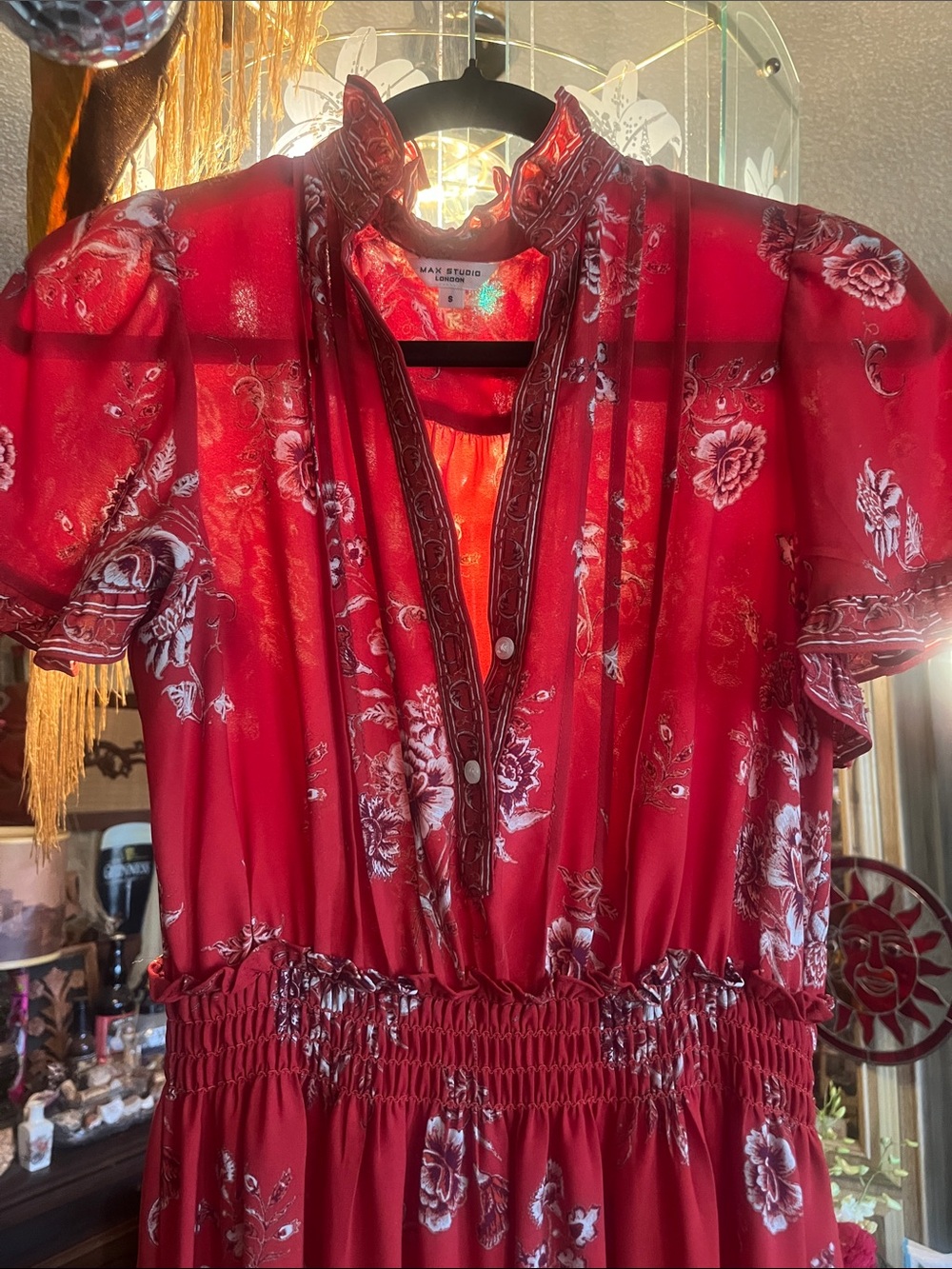 Max Studio Red Floral Button-Front Smocked-Waist Midi Dress